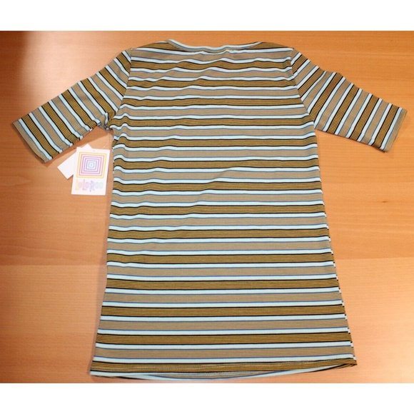 Womens Lularoe Gigi Short Sleeve SS Shirt Top XS Beige Teal Striped NWT - Picture 4 of 5
